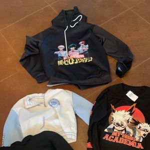 3 My Hero academia XS hoodies and 1 NWT XS Long sleeved top
